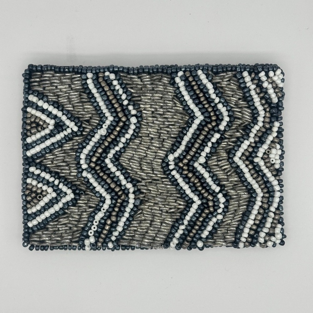Small Beaded Clutch Gray Black White Geometric Zip Pouch Evening‎ Bag